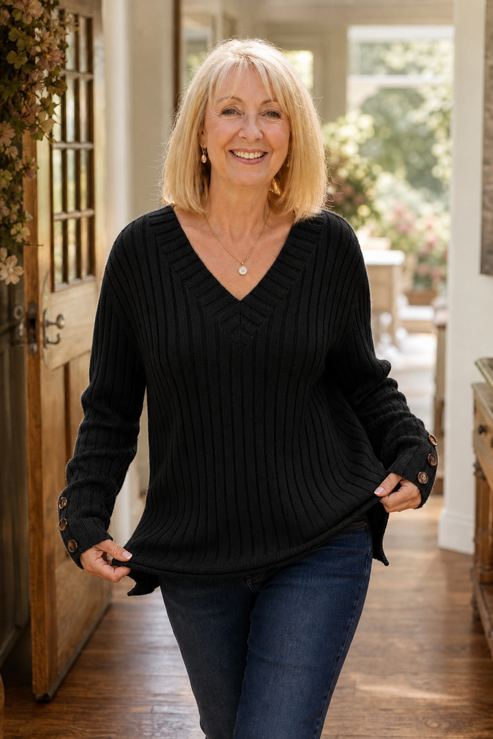 Mavenly – Ribbed V-Neck Button-Cuff Sweater