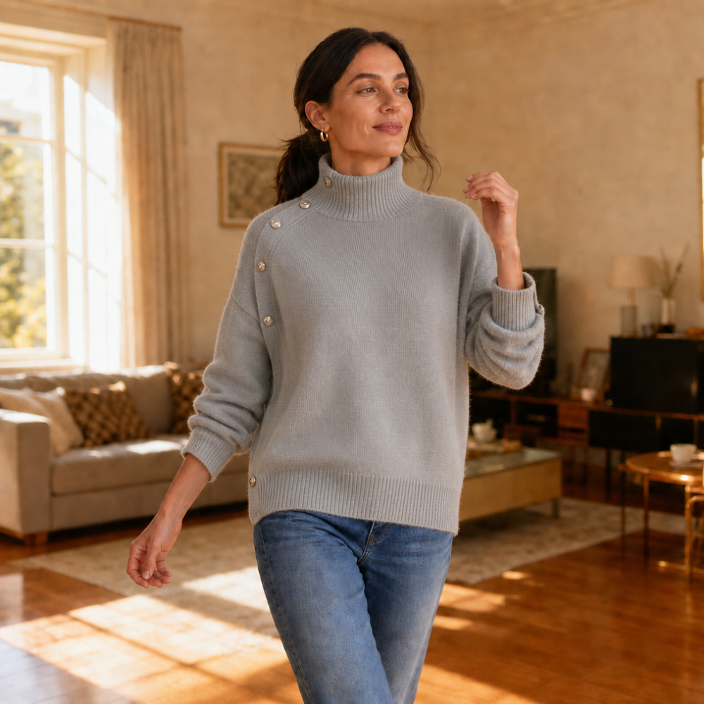 Marlowe – Oversized Gold Button Mock-Neck Sweater