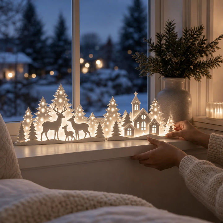 Deerwood Glow – LED Christmas Window Village With Deer