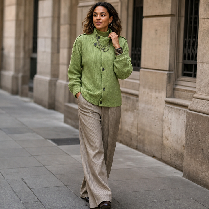 Diavelle – Diagonal Button High-Collar Knit Cardigan