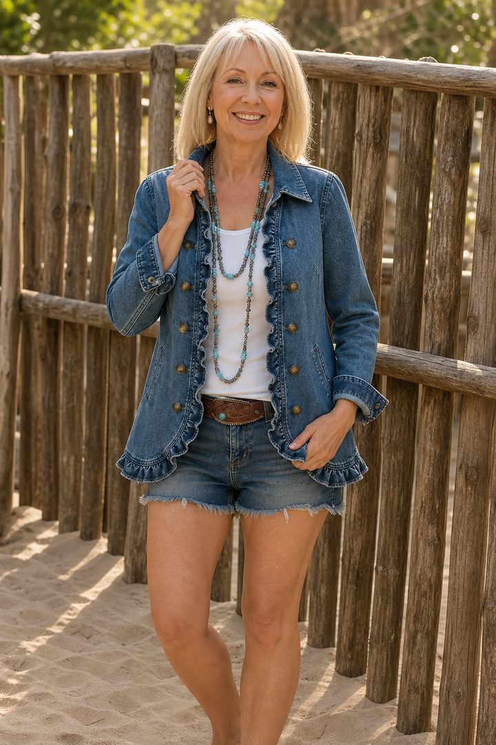 Wearbella – Double Breasted Ruffle Denim Jacket