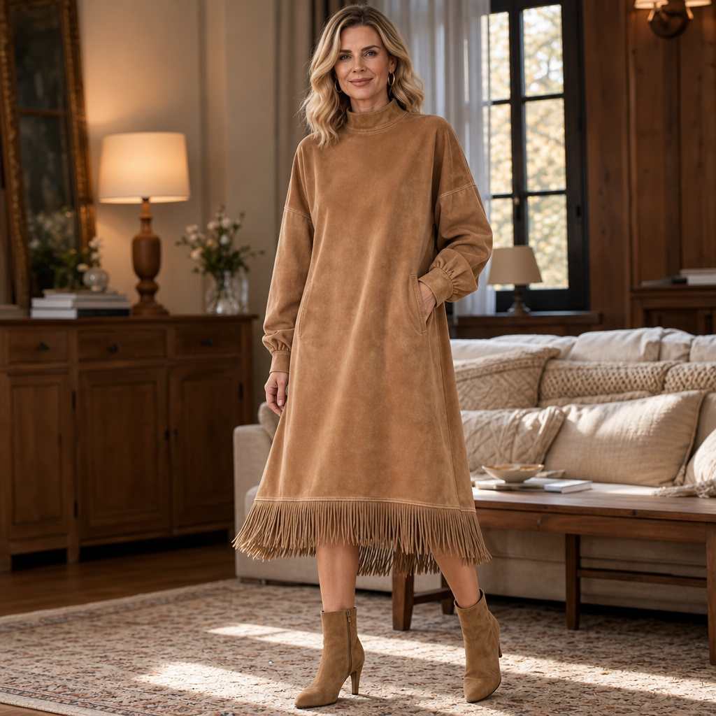 Tasselina – High-Neck Faux-Suede Tassel-Hem Dress
