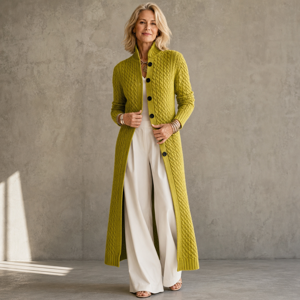 Cablemere – High Collar Cable-Knit Duster Cardigan