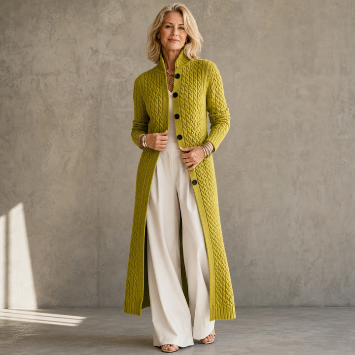 Cablemere – High Collar Cable-Knit Duster Cardigan