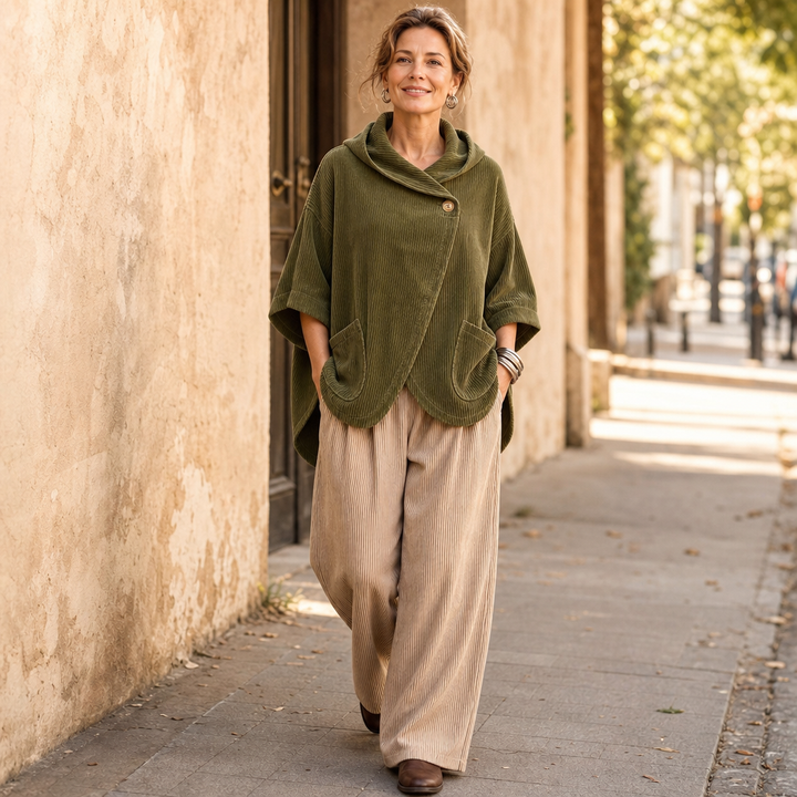 Draperly – Asymmetric Hem Hooded Corduroy Poncho