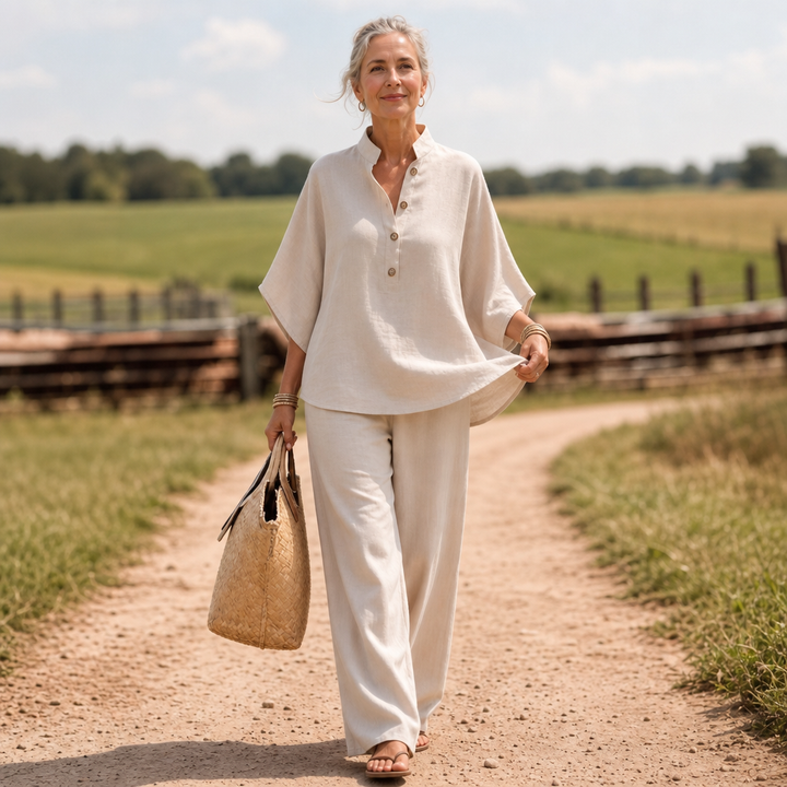 Wearlinne – Stand Collar Batwing Sleeve Linen Set