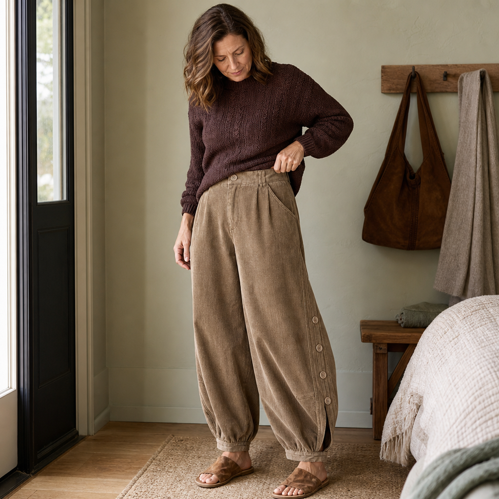 Cozelle – Side-Button Barrel Leg Corduroy Pants