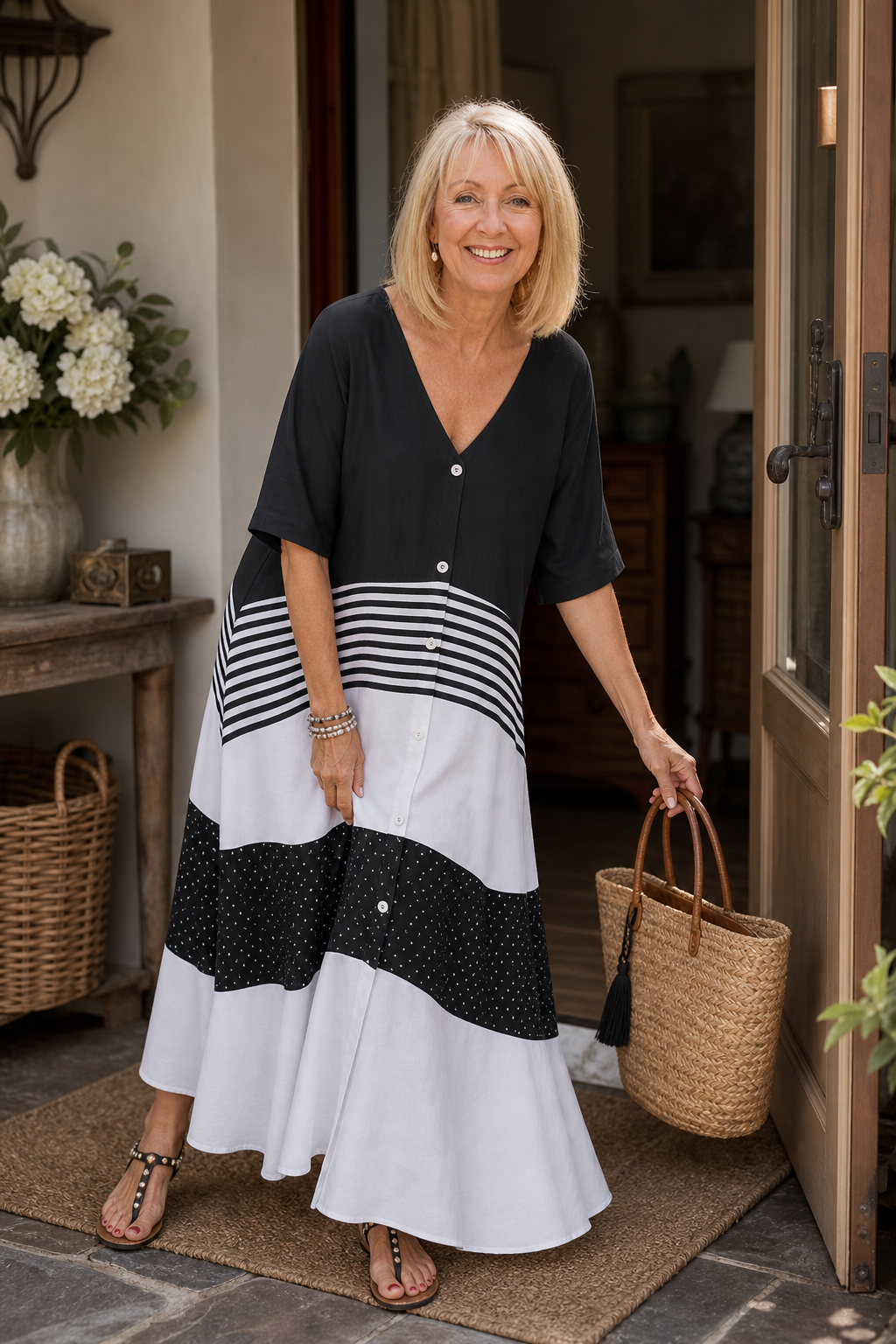 Lineluxe – V-Neck Button-Up Flowy Maxi Dress