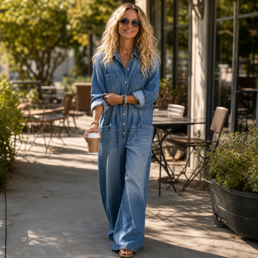 Onedress – Wide-Leg Button-Front Denim Jumpsuit