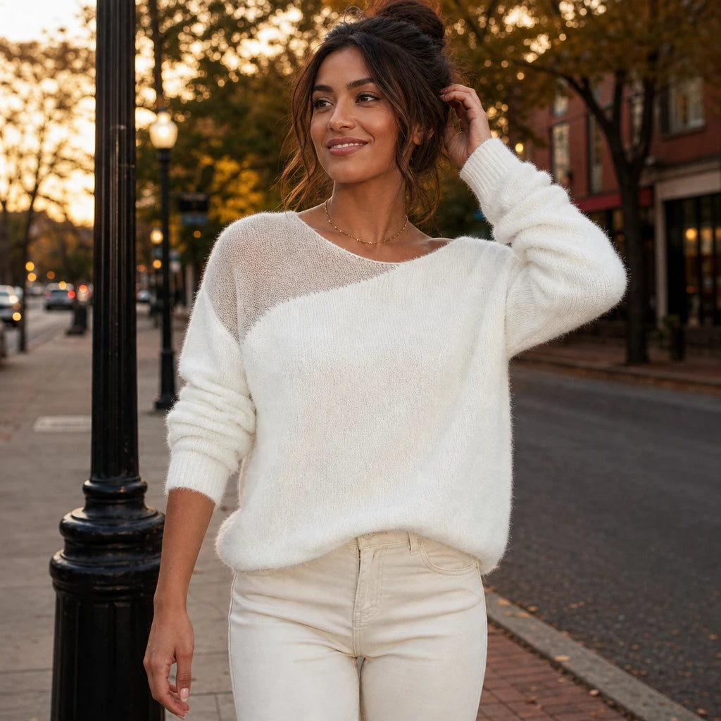 Veloura – Sheer-Shoulder Faux-Mink Sweater