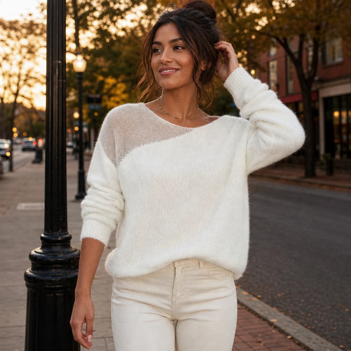 Veloura – Sheer-Shoulder Faux-Mink Sweater