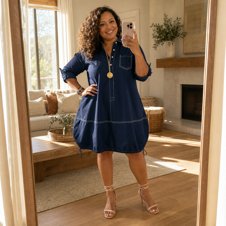 Collara – Lapel Collar Half-Sleeve Midi Dress