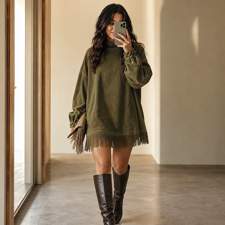Swayelle – High-Neck Faux-Suede Fringe Mini Dress