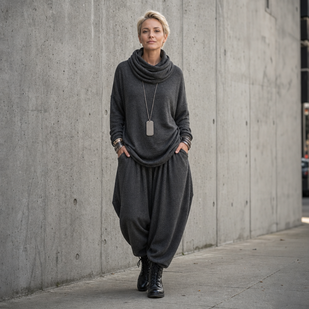 Pinstripe Poise – Draped High-Neck Top And Lantern Pants Set