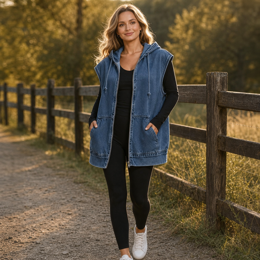 Wearbella – Oversized Hooded Denim-Look Vest