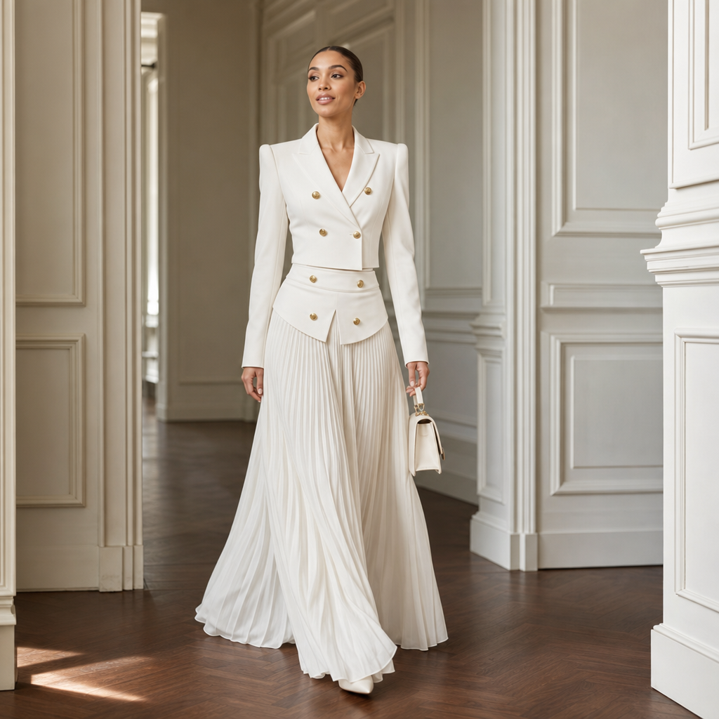 Poiseform – Cropped Padded Blazer And Pleated Midi Skirt Set