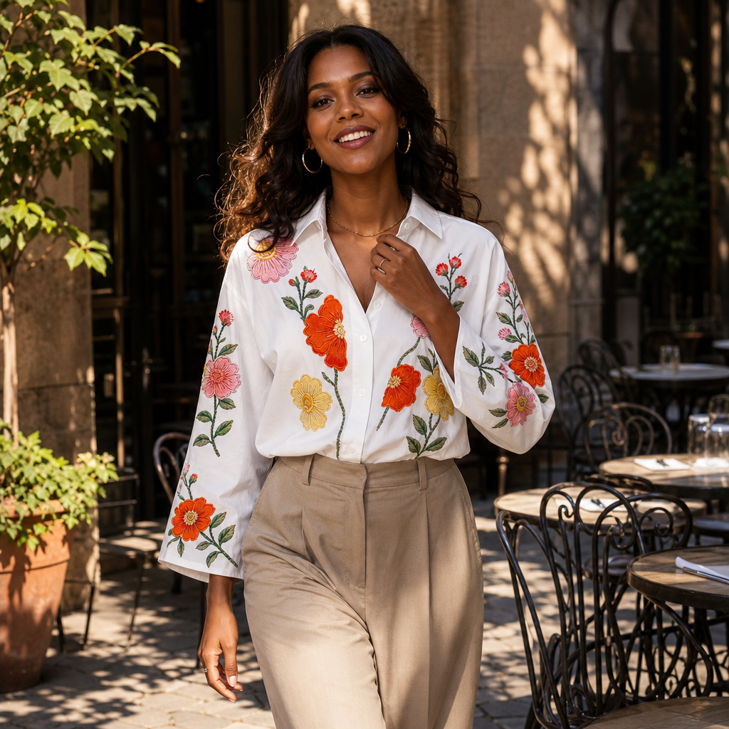 Lunabloom – Floral Embroidered Lapel-Collar Blouse