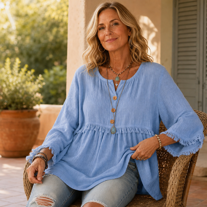 Fringe & Found – Tassel Trim Button-Front Long Sleeve Tunic