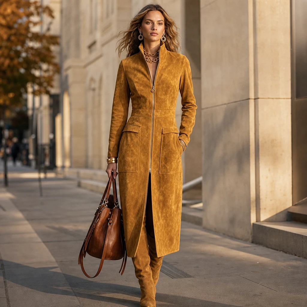 Velora – Fitted Stand-Collar Longline Coat