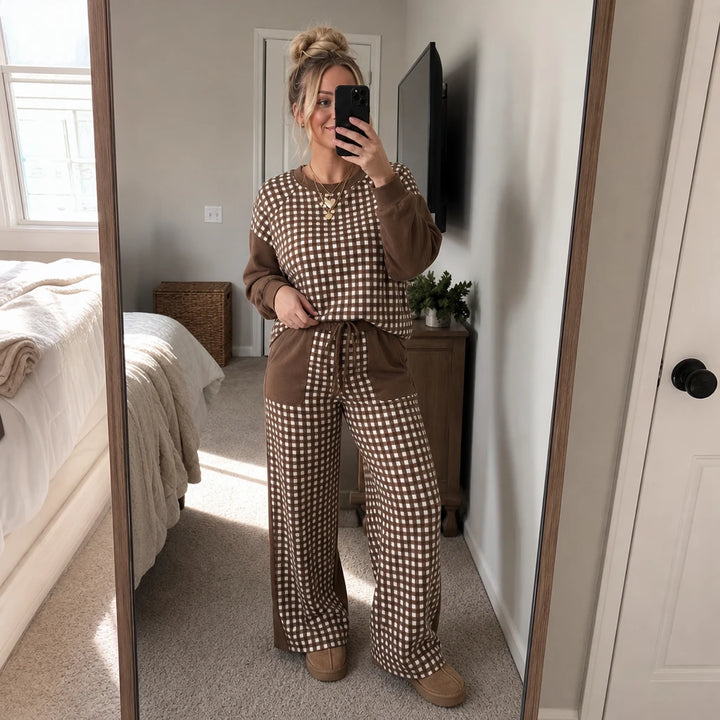 Gingham Ease – Gingham Long-Sleeve Top And Wide-Leg Pants Set