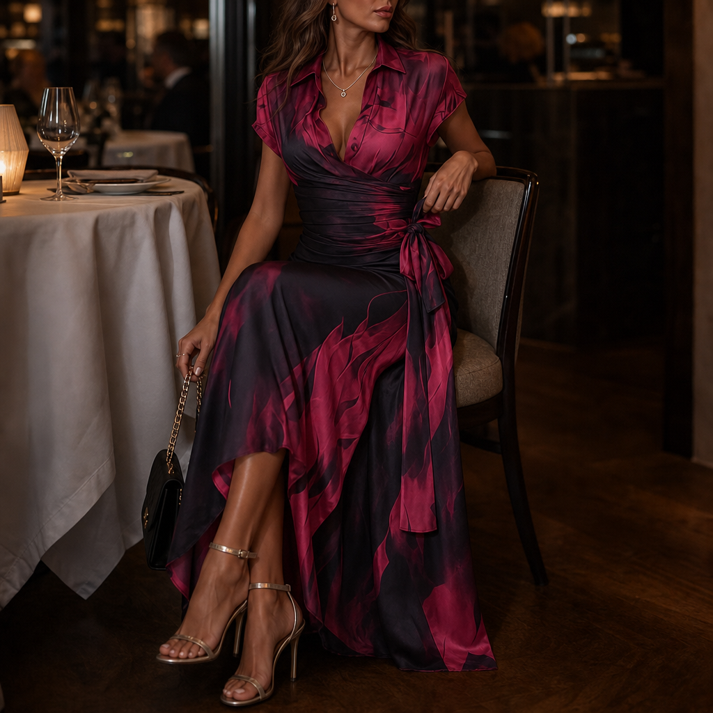 Vellora – Abstract Print Wrap Midi Dress