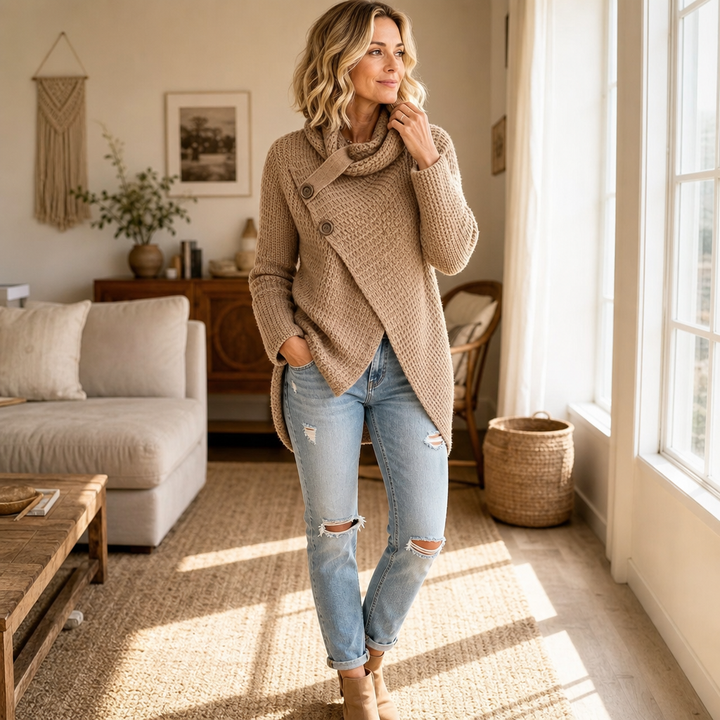 Cowl & Cozy – Asymmetric Cowl-Neck Button-Side Sweater