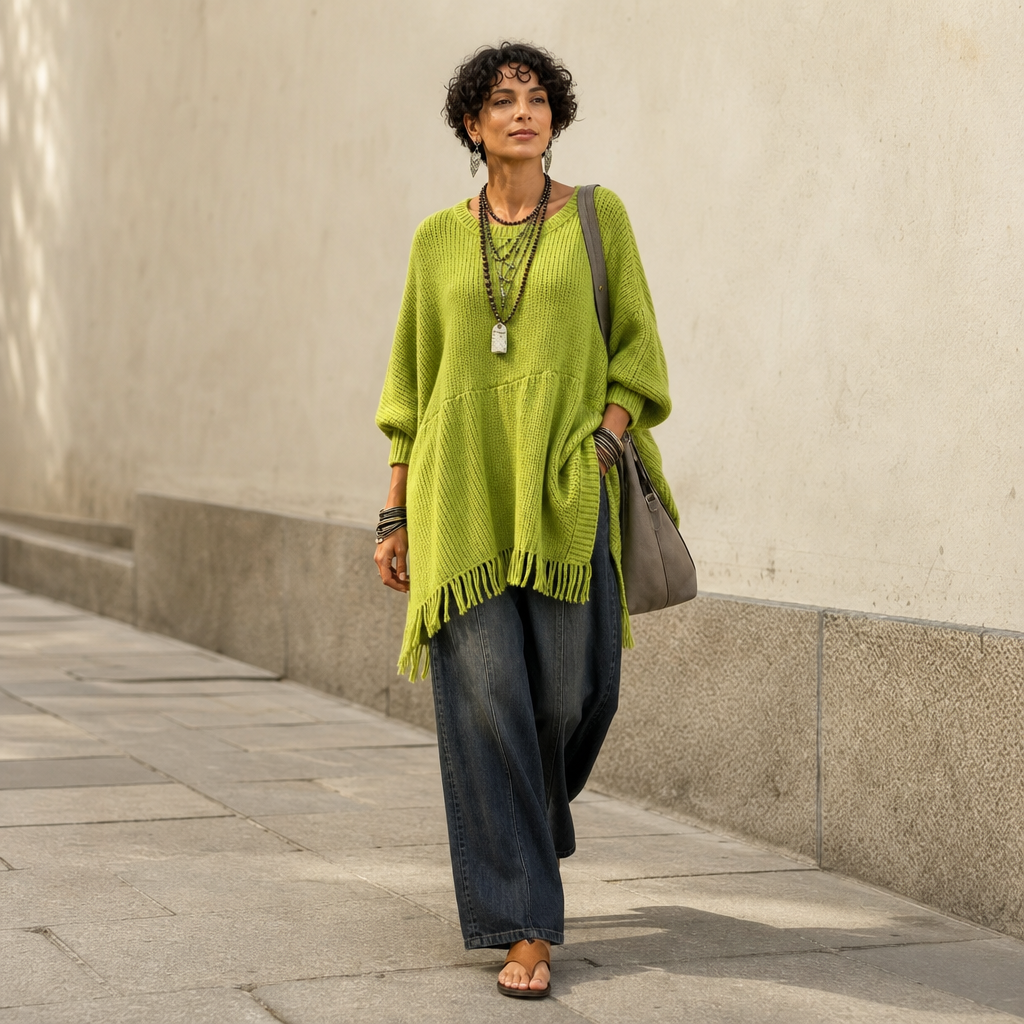 Limehaven – Textured Fringe Batwing Knit Poncho