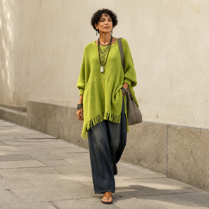 Limehaven – Textured Fringe Batwing Knit Poncho