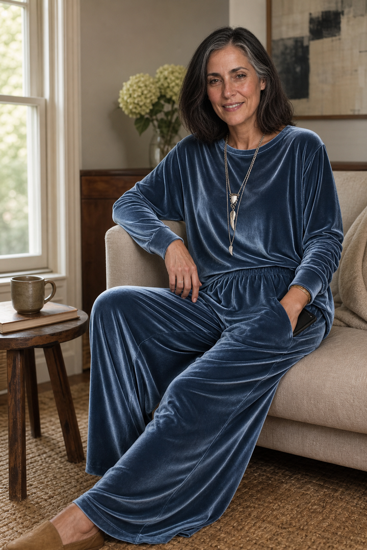 Duskvelor – Velvet-Look Wide-Leg Two-Piece Lounge Set