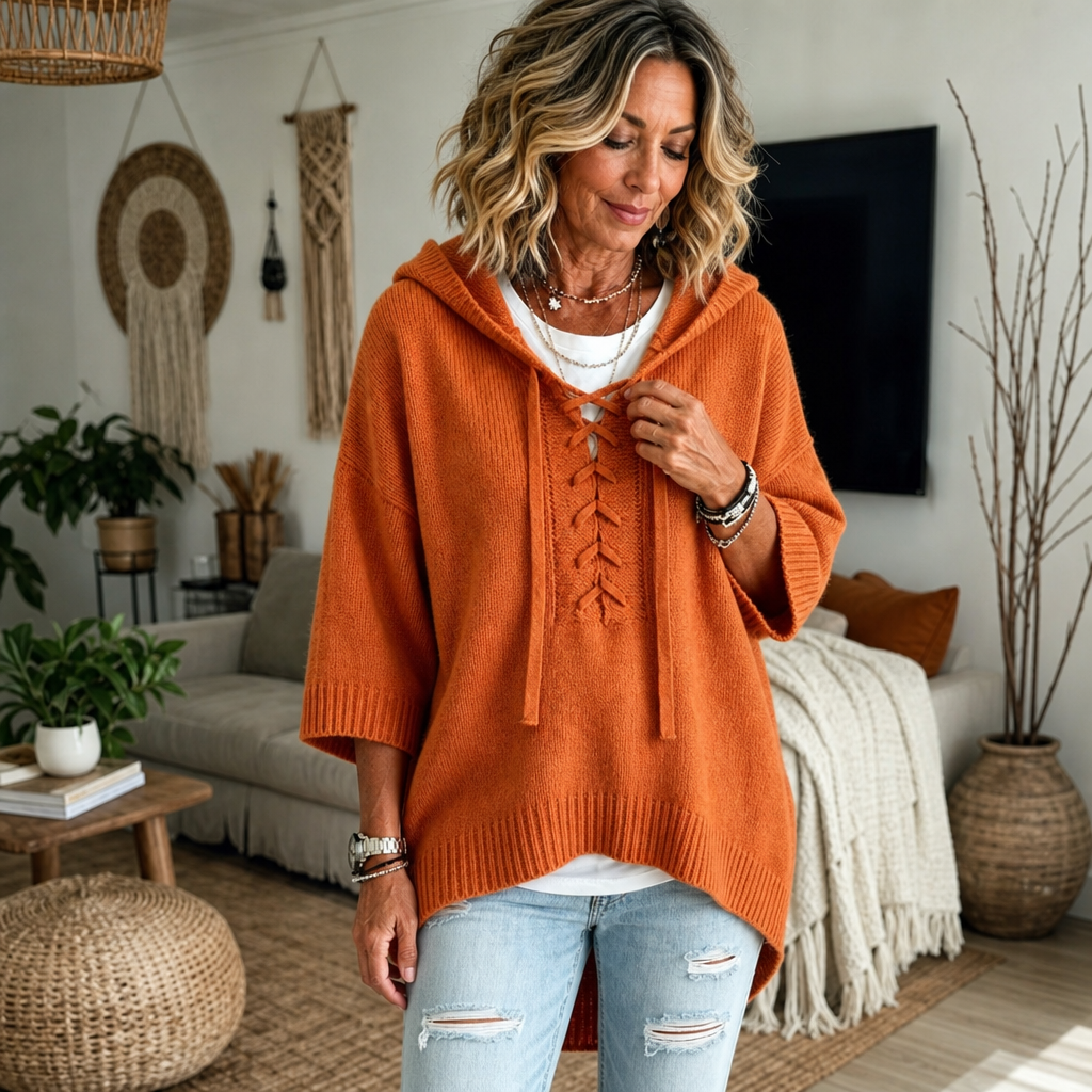 Lunarknit – Lace-Up Deep V Hooded Knit Pullover