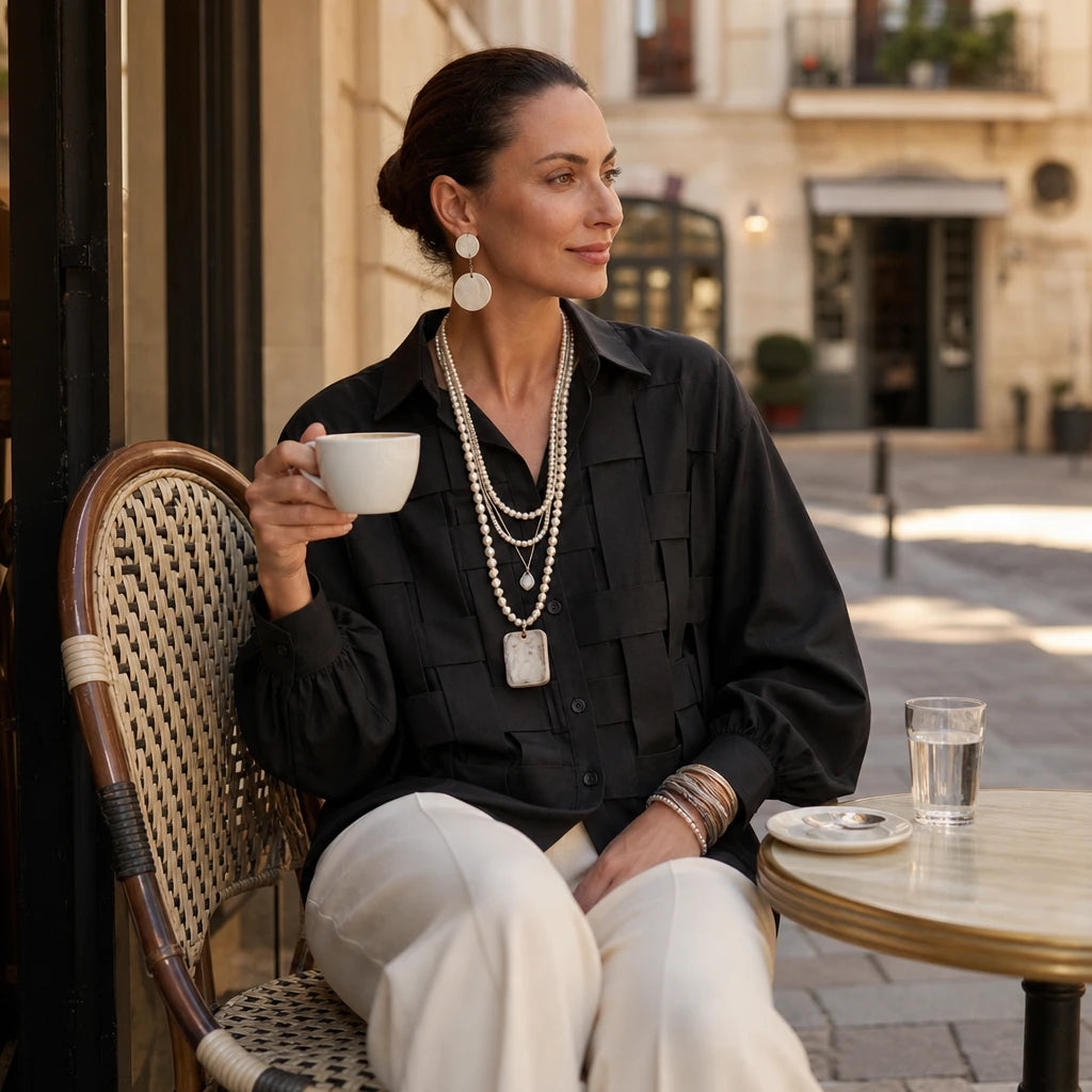 Wovelle – Raised Woven-Check Long-Sleeve Blouse