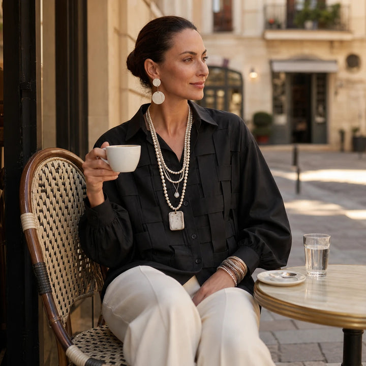 Wovelle – Raised Woven-Check Long-Sleeve Blouse