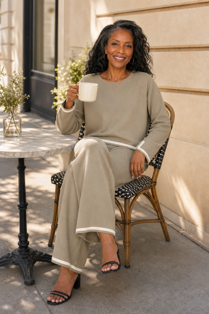 Setwell – Contrast-Trim Crewneck Top And Wide-Leg Pants Set