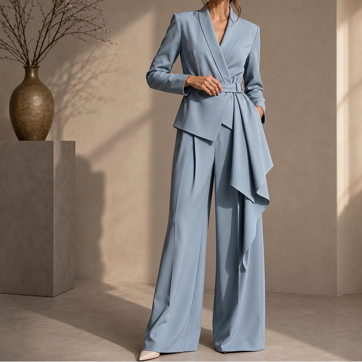 Drapevera – Buckle-Belted Wrap Blazer And Wide-Leg Trouser Set
