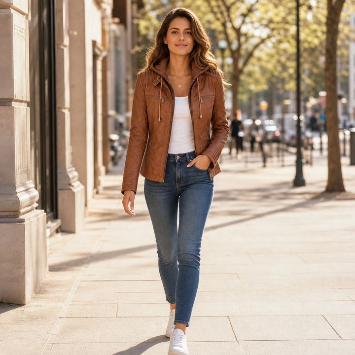 Flavia – Fitted Hooded Moto-Style Jacket