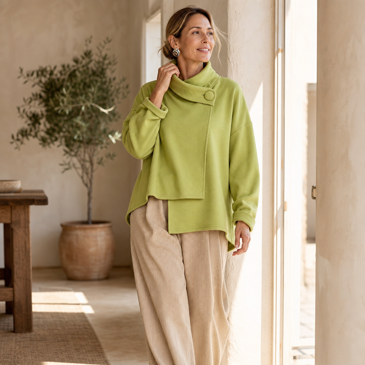 Draperly – Asymmetric Cowl Neck Button Sweatshirt