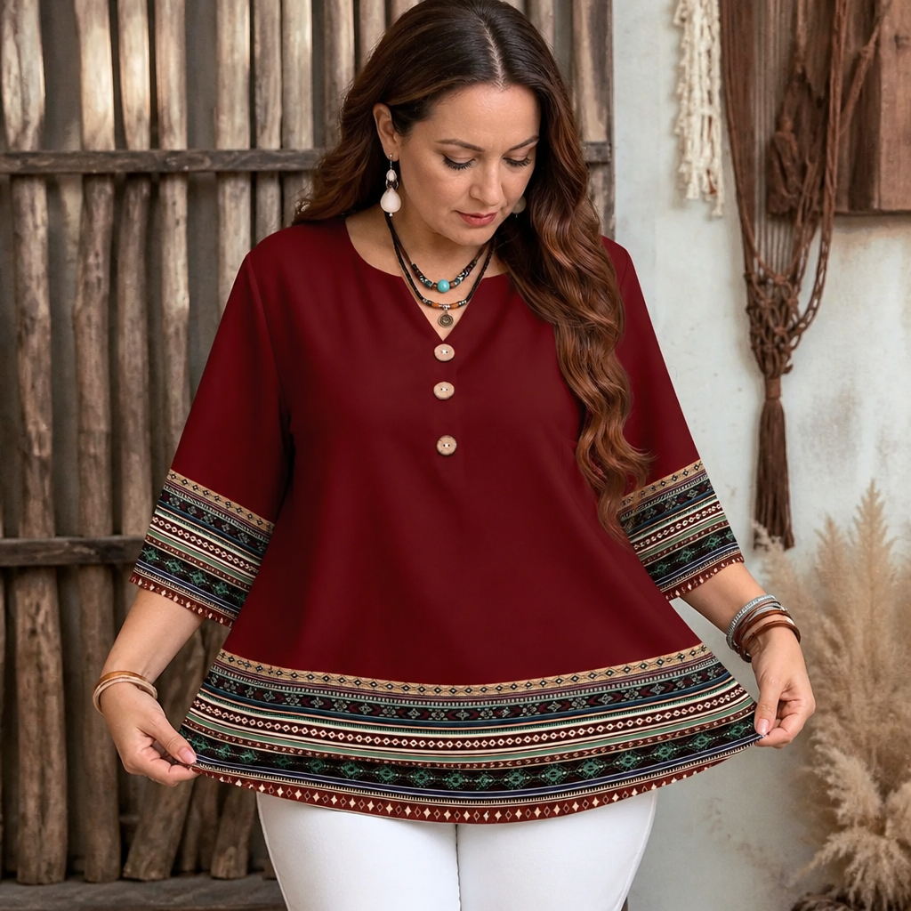 Vivelyn – Contrast Trim Button-Front V-Neck Top