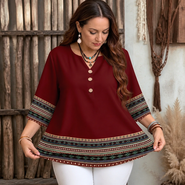 Vivelyn – Contrast Trim Button-Front V-Neck Top
