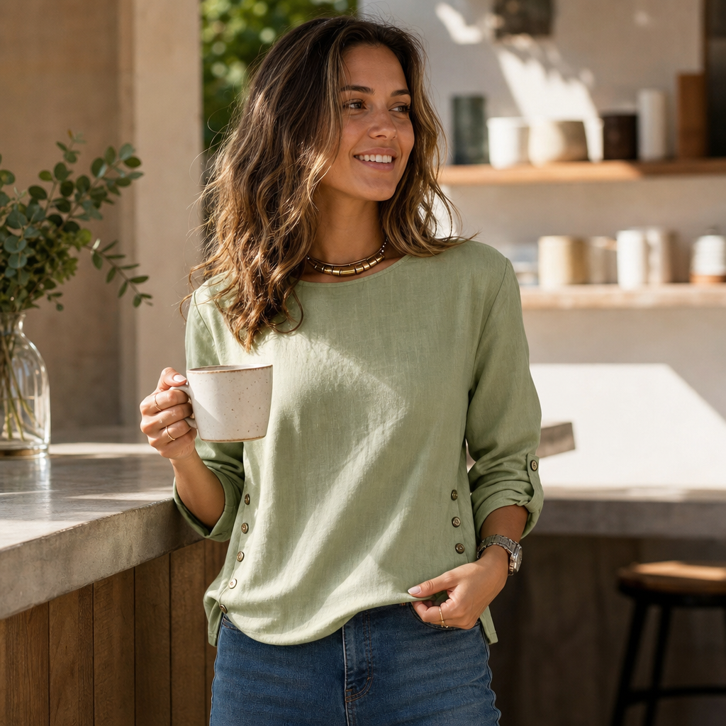 Lunalin – Side-Button Relaxed-Fit Linen Blend Top