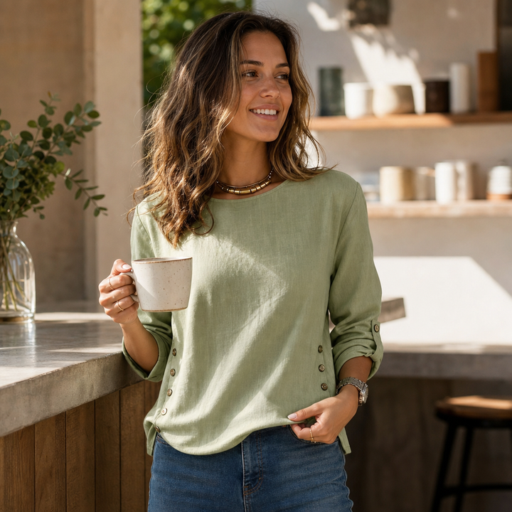 Lunalin – Side-Button Relaxed-Fit Linen Blend Top