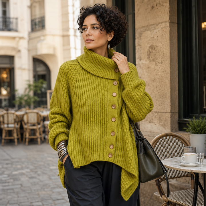 Vivid Muse – Asymmetric High-Neck Knit Sweater