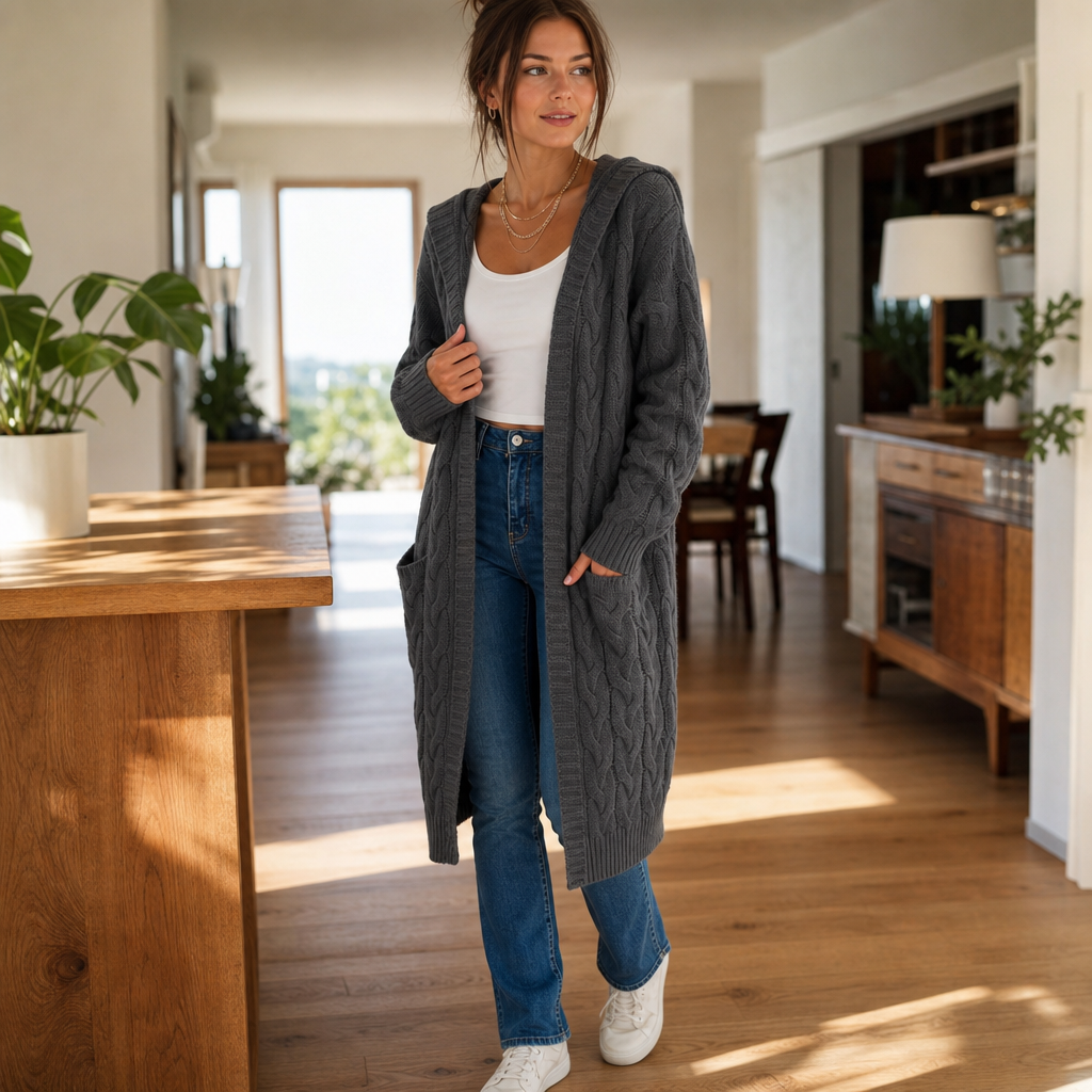 Wrapetta – Hooded Longline Cable-Knit Cardigan