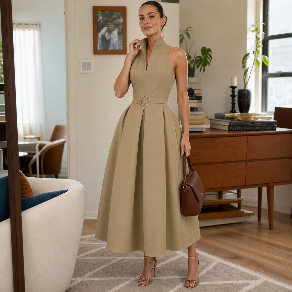 Elara Verona – Zip-Neck Stand Collar Fit-And-Flare Midi Dress