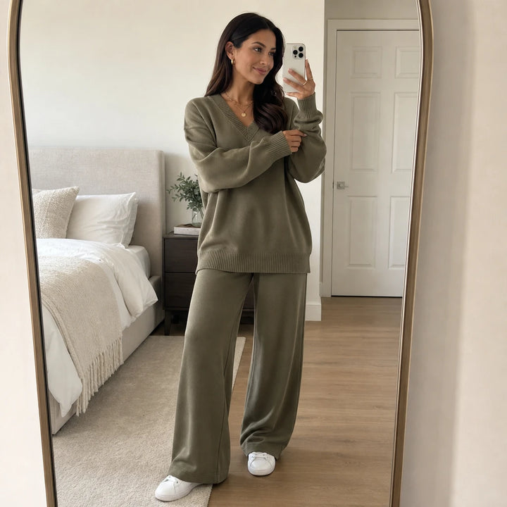 Vivelyn – V-Neck Knit Sweatshirt And Pants Set