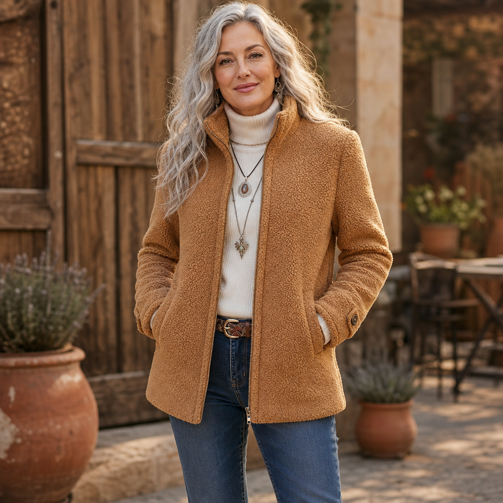 Velmora – Plush Fleece-Look Zip-Up Jacket With Stand Collar