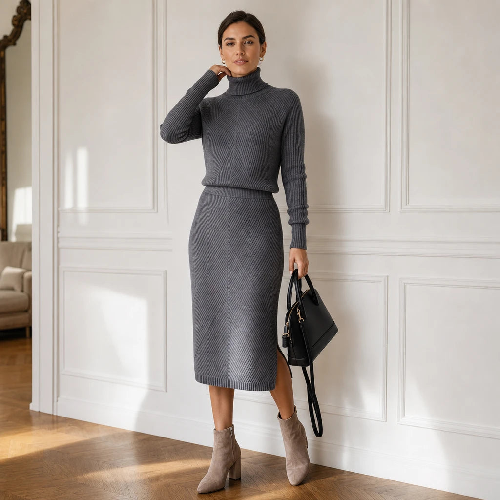 Veluna – Ribbed Turtleneck Sweater And Skirt Set