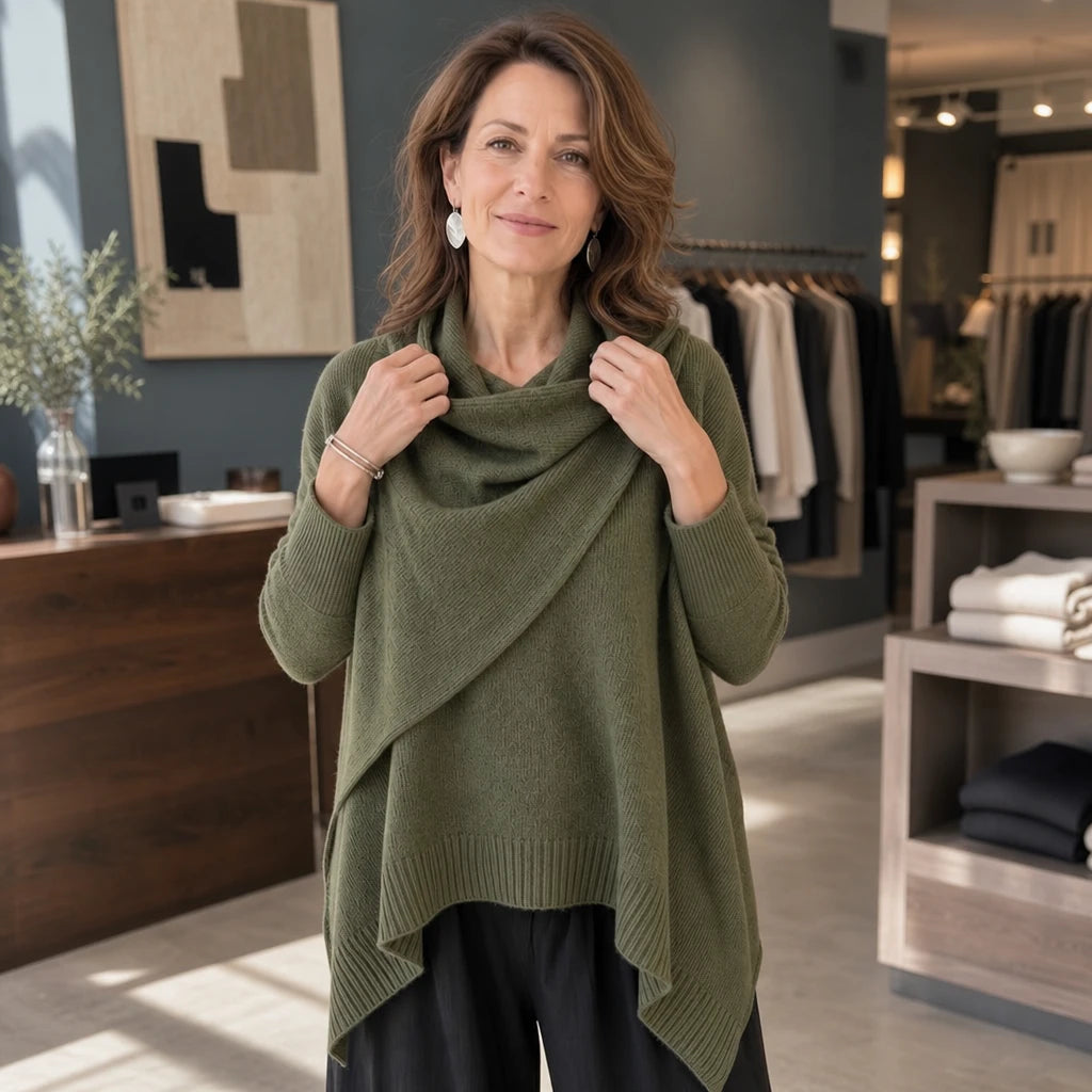 Cowlora – Draped Cowl-Neck Knit Pullover