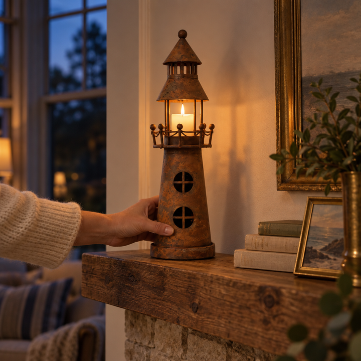 Lumenkeep – Distressed Metal Lighthouse Candle Lantern