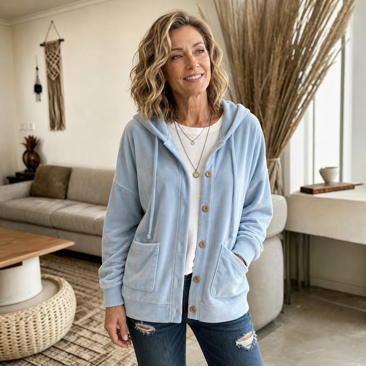 Coziva – Hooded Button-Front Velour Cardigan