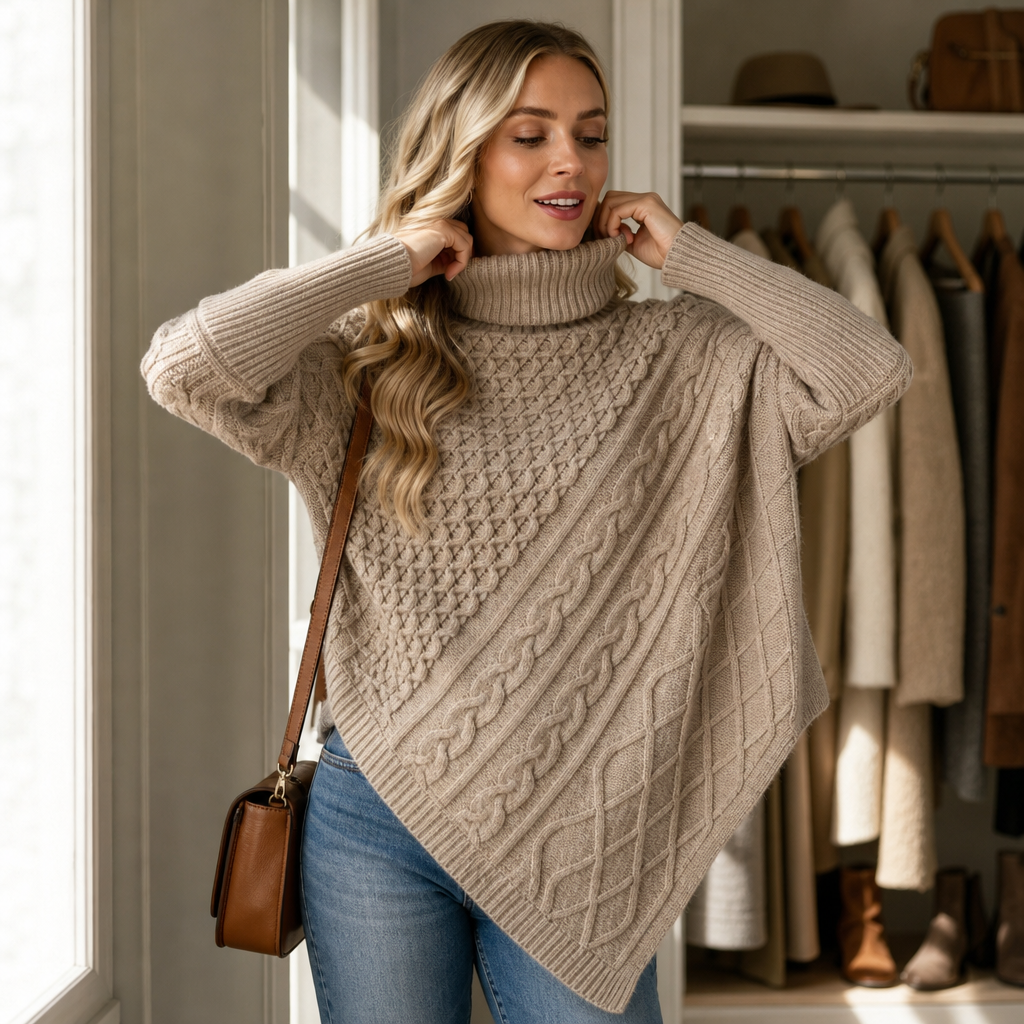 Cablelle – Asymmetric Cable-Knit Turtleneck Poncho
